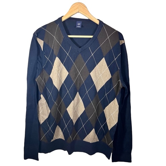 Gap Men’s Navy Blue & Tan Argyle Academia Long Sleeve V Neck Sweater Size Large - Picture 1 of 5